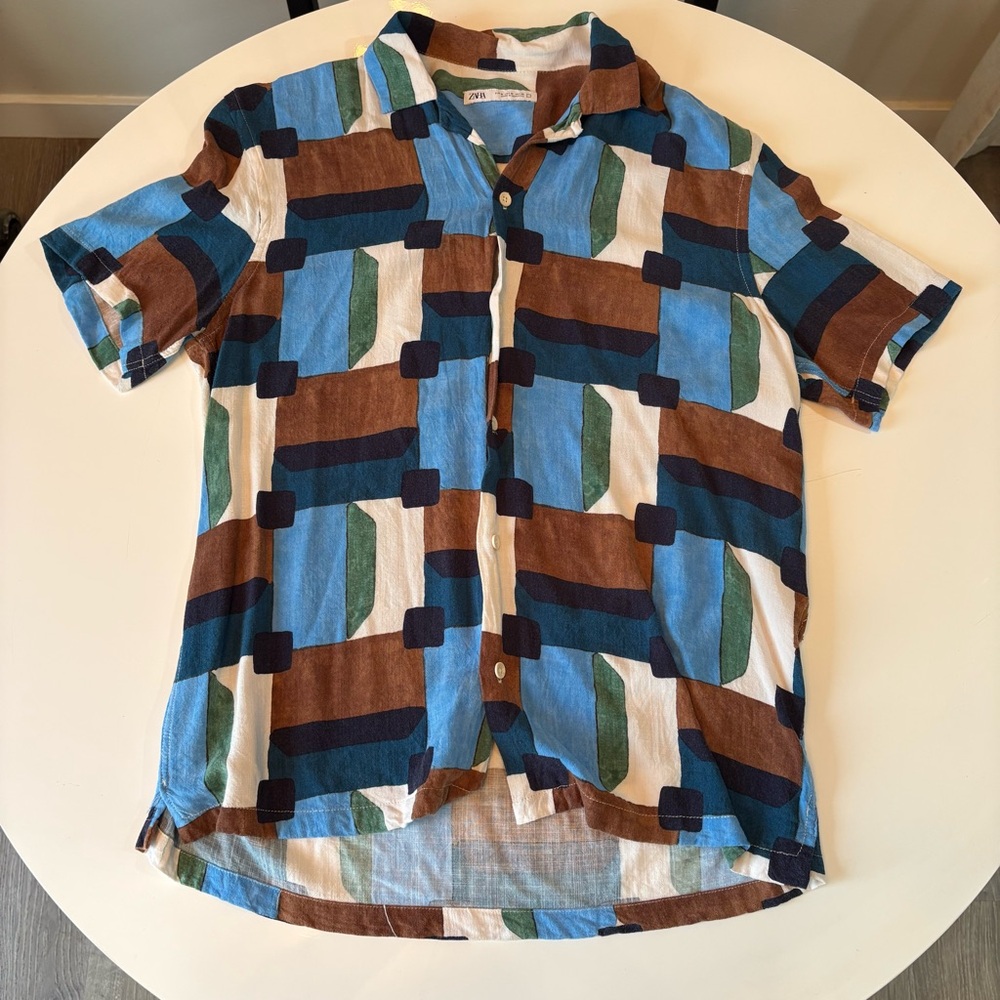 Zara Mens Size M Blue and Brown Casual Geometric Button Down Shirt